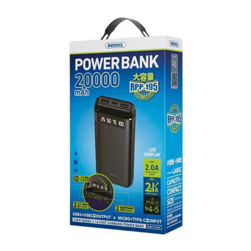 Remax PowerBank 20000mAh LED Display Black (RPP-195) POWER BANKS Remax